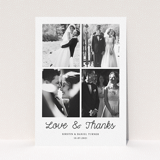 A wedding thank you card named "Love & Thanks". It is an A6 card in a portrait orientation. It is a photographic wedding thank you card with room for 4 photos. "Love & Thanks" is available as a flat card, with mainly white colouring.