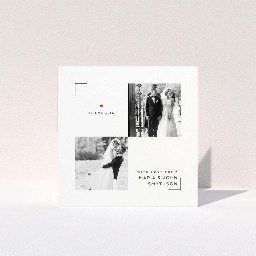 A wedding thank you card called "Modern Corner Thank You". It is a square (148mm x 148mm) card in a square orientation. It is a photographic wedding thank you card with room for 2 photos. "Modern Corner Thank You" is available as a folded card, with tones of white and red.