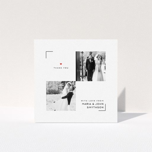 A wedding thank you card called "Modern Corner Thank You". It is a square (148mm x 148mm) card in a square orientation. It is a photographic wedding thank you card with room for 2 photos. "Modern Corner Thank You" is available as a folded card, with tones of white and red.