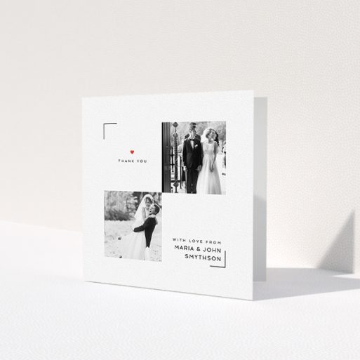 A wedding thank you card called 'Modern Corner Thank You'. It is a square (148mm x 148mm) card in a square orientation. It is a photographic wedding thank you card with room for 2 photos. 'Modern Corner Thank You' is available as a folded card, with tones of white and red.