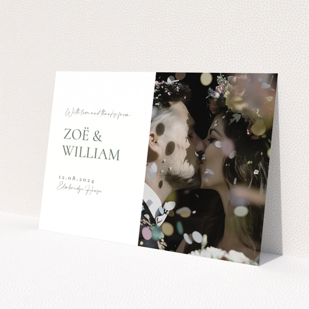 Personalised wedding thank you cards with photo of newlyweds kissing and confetti.