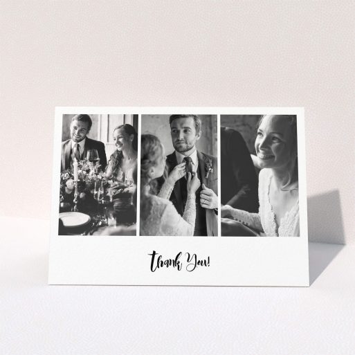 A wedding thank you card design titled "Modern Tryptic". It is an A5 card in a landscape orientation. It is a photographic wedding thank you card with room for 3 photos. "Modern Tryptic" is available as a folded card, with mainly white colouring.