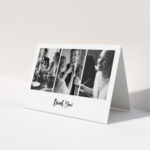 A wedding thank you card design titled 'Modern Tryptic'. It is an A5 card in a landscape orientation. It is a photographic wedding thank you card with room for 3 photos. 'Modern Tryptic' is available as a folded card, with mainly white colouring.