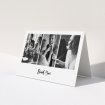 A wedding thank you card design titled "Modern Tryptic". It is an A5 card in a landscape orientation. It is a photographic wedding thank you card with room for 3 photos. "Modern Tryptic" is available as a folded card, with mainly white colouring.