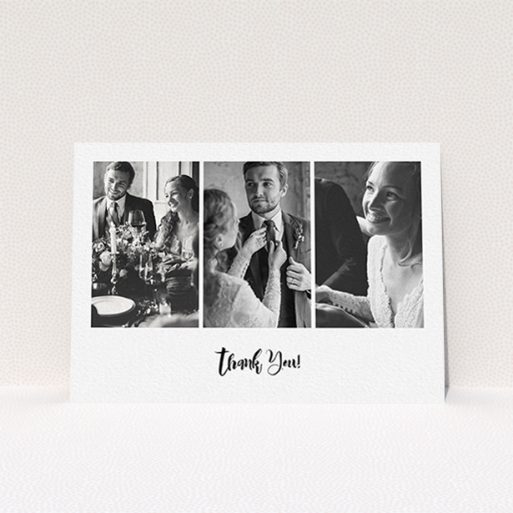 A wedding thank you card template titled "Modern Tryptic". It is an A6 card in a landscape orientation. It is a photographic wedding thank you card with room for 3 photos. "Modern Tryptic" is available as a flat card, with mainly white colouring.