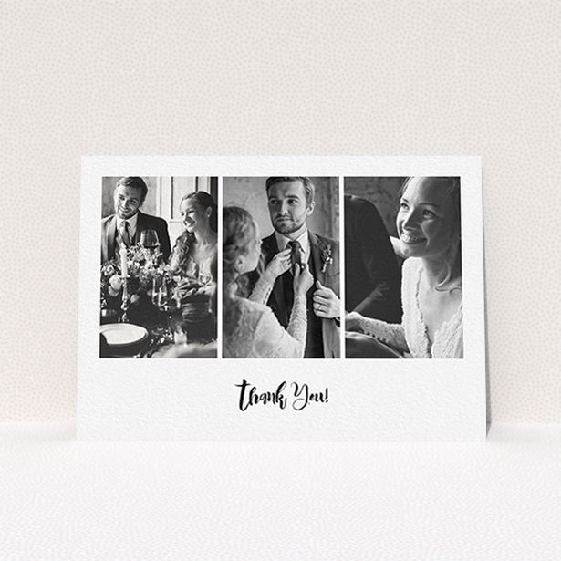 A wedding thank you card template titled "Modern Tryptic". It is an A6 card in a landscape orientation. It is a photographic wedding thank you card with room for 3 photos. "Modern Tryptic" is available as a flat card, with mainly white colouring.