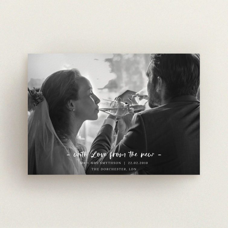 A wedding thank you card named "Modern Wedding Photography". It is an A6 card in a landscape orientation. It is a photographic wedding thank you card with room for 1 photo. "Modern Wedding Photography" is available as a flat card, with mainly white colouring.