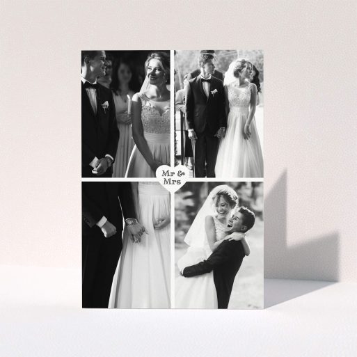 A wedding thank you card design titled "Monochrome Heart". It is an A5 card in a portrait orientation. It is a photographic wedding thank you card with room for 4 photos. "Monochrome Heart" is available as a folded card, with mainly white colouring.