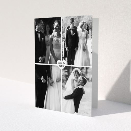 A wedding thank you card design titled 'Monochrome Heart'. It is an A5 card in a portrait orientation. It is a photographic wedding thank you card with room for 4 photos. 'Monochrome Heart' is available as a folded card, with mainly white colouring.