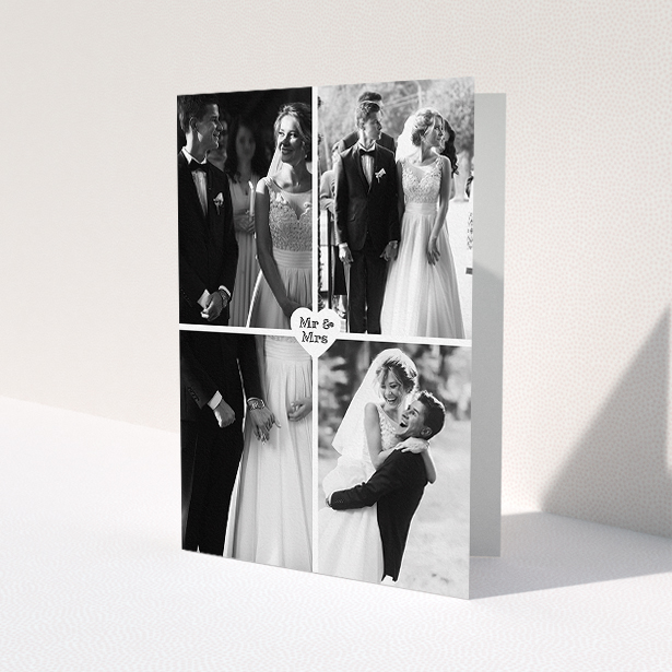 A wedding thank you card design titled "Monochrome Heart". It is an A5 card in a portrait orientation. It is a photographic wedding thank you card with room for 4 photos. "Monochrome Heart" is available as a folded card, with mainly white colouring.