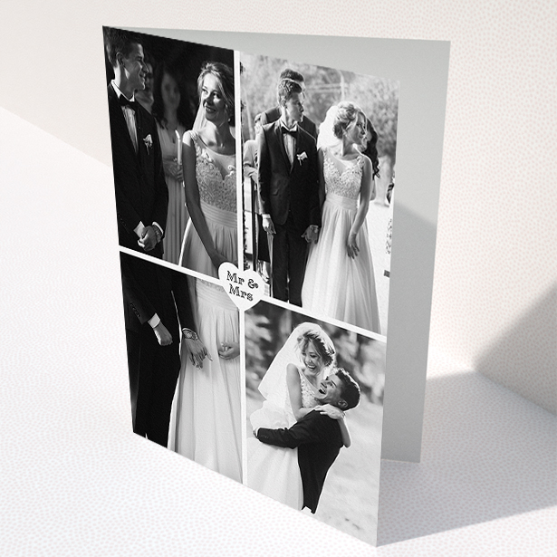 A wedding thank you card design titled "Monochrome Heart". It is an A5 card in a portrait orientation. It is a photographic wedding thank you card with room for 4 photos. "Monochrome Heart" is available as a folded card, with mainly white colouring.