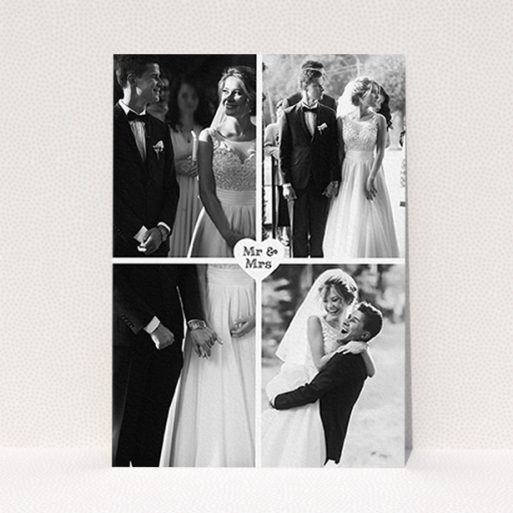 A wedding thank you card design titled "Monochrome Heart". It is an A6 card in a portrait orientation. It is a photographic wedding thank you card with room for 4 photos. "Monochrome Heart" is available as a flat card, with mainly white colouring.