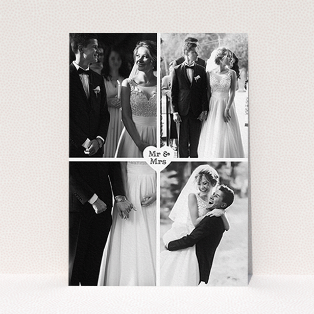 A wedding thank you card design titled "Monochrome Heart". It is an A6 card in a portrait orientation. It is a photographic wedding thank you card with room for 4 photos. "Monochrome Heart" is available as a flat card, with mainly white colouring.