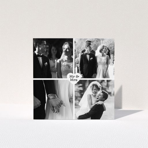 A wedding thank you card template titled "Monochrome Heart". It is a square (148mm x 148mm) card in a square orientation. It is a photographic wedding thank you card with room for 4 photos. "Monochrome Heart" is available as a folded card, with mainly white colouring.