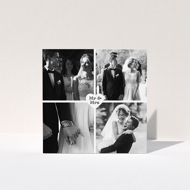 A wedding thank you card template titled "Monochrome Heart". It is a square (148mm x 148mm) card in a square orientation. It is a photographic wedding thank you card with room for 4 photos. "Monochrome Heart" is available as a folded card, with mainly white colouring.