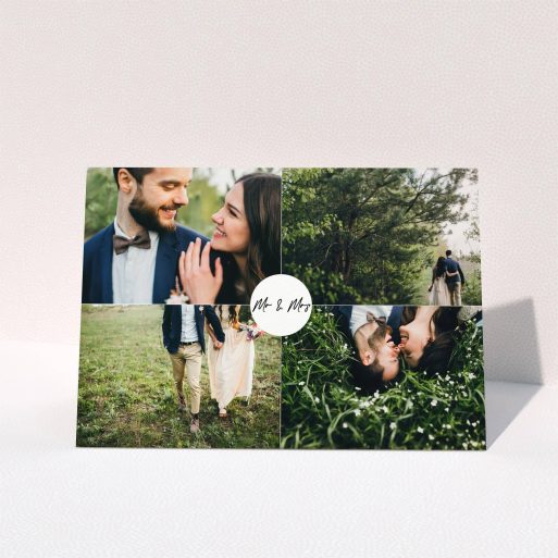 A wedding thank you card template titled "Mr and Mrs". It is an A5 card in a landscape orientation. It is a photographic wedding thank you card with room for 4 photos. "Mr and Mrs" is available as a folded card, with mainly white colouring.