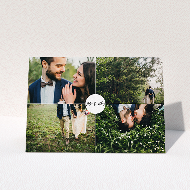A wedding thank you card template titled "Mr and Mrs". It is an A5 card in a landscape orientation. It is a photographic wedding thank you card with room for 4 photos. "Mr and Mrs" is available as a folded card, with mainly white colouring.