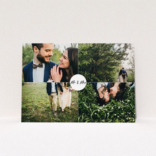 A wedding thank you card design titled "Mr and Mrs". It is an A6 card in a landscape orientation. It is a photographic wedding thank you card with room for 4 photos. "Mr and Mrs" is available as a flat card, with mainly white colouring.
