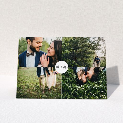 A wedding thank you card design named "Mr and Mrs". It is an A6 card in a landscape orientation. It is a photographic wedding thank you card with room for 4 photos. "Mr and Mrs" is available as a folded card, with mainly white colouring.