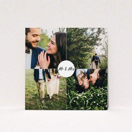 A wedding thank you card design called "Mr and Mrs". It is a square (148mm x 148mm) card in a square orientation. It is a photographic wedding thank you card with room for 4 photos. "Mr and Mrs" is available as a flat card, with mainly white colouring.