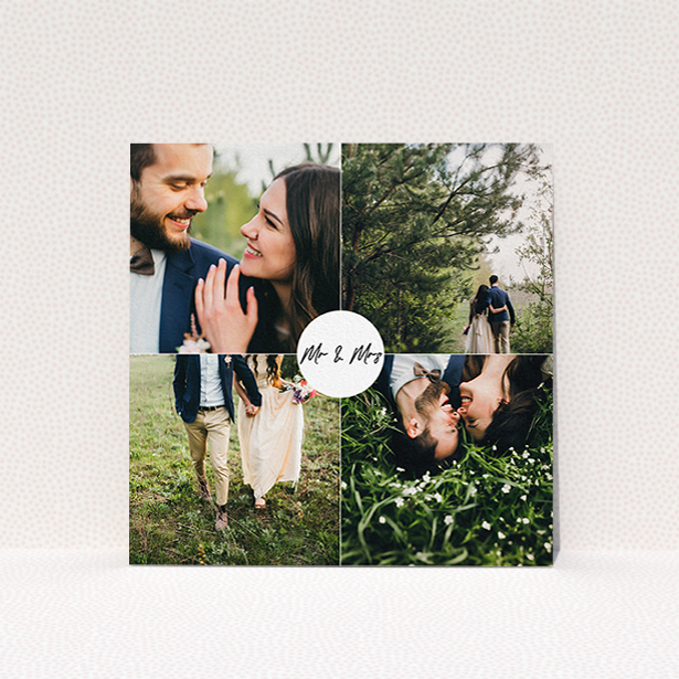 A wedding thank you card design called "Mr and Mrs". It is a square (148mm x 148mm) card in a square orientation. It is a photographic wedding thank you card with room for 4 photos. "Mr and Mrs" is available as a flat card, with mainly white colouring.