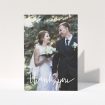 A wedding thank you card called "New to calligraphy". It is an A5 card in a portrait orientation. It is a photographic wedding thank you card with room for 1 photo. "New to calligraphy" is available as a folded card, with mainly white colouring.