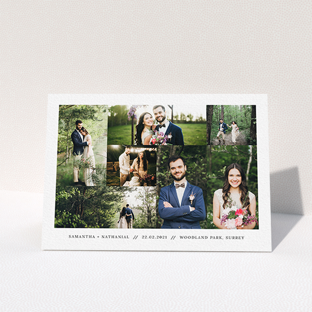 A wedding thank you card called "No Gap Photo Arrangement". It is an A6 card in a landscape orientation. It is a photographic wedding thank you card with room for 7 photos. "No Gap Photo Arrangement" is available as a folded card, with mainly white colouring.