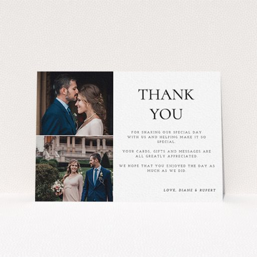 A wedding thank you card design named "On the top". It is an A6 card in a landscape orientation. It is a photographic wedding thank you card with room for 1 photo. "On the top" is available as a flat card, with tones of black and white.