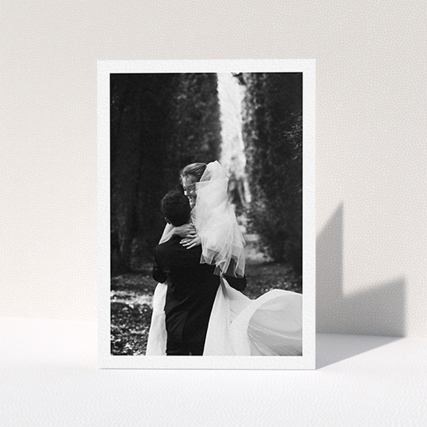 A wedding thank you card design named "One Photo Thanks". It is an A6 card in a portrait orientation. It is a photographic wedding thank you card with room for 1 photo. "One Photo Thanks" is available as a folded card.