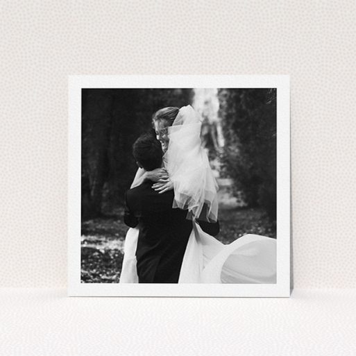 A wedding thank you card design titled "One Photo Thanks". It is a square (148mm x 148mm) card in a square orientation. It is a photographic wedding thank you card with room for 1 photo. "One Photo Thanks" is available as a flat card.