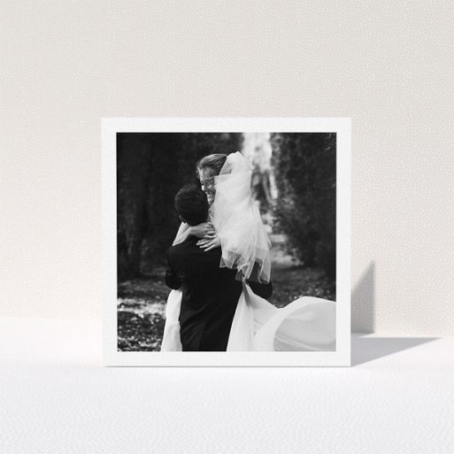A wedding thank you card called "One Photo Thanks". It is a square (148mm x 148mm) card in a square orientation. It is a photographic wedding thank you card with room for 1 photo. "One Photo Thanks" is available as a folded card.
