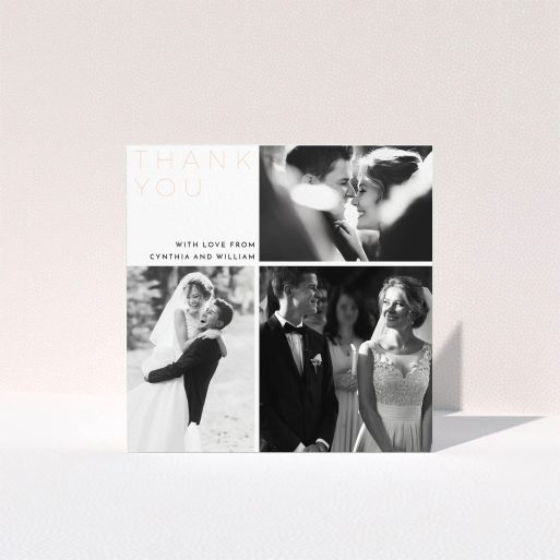 A wedding thank you card called "Onto quarters". It is a square (148mm x 148mm) card in a square orientation. It is a photographic wedding thank you card with room for 3 photos. "Onto quarters" is available as a folded card, with mainly white colouring.