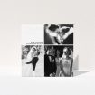 A wedding thank you card called "Onto quarters". It is a square (148mm x 148mm) card in a square orientation. It is a photographic wedding thank you card with room for 3 photos. "Onto quarters" is available as a folded card, with mainly white colouring.