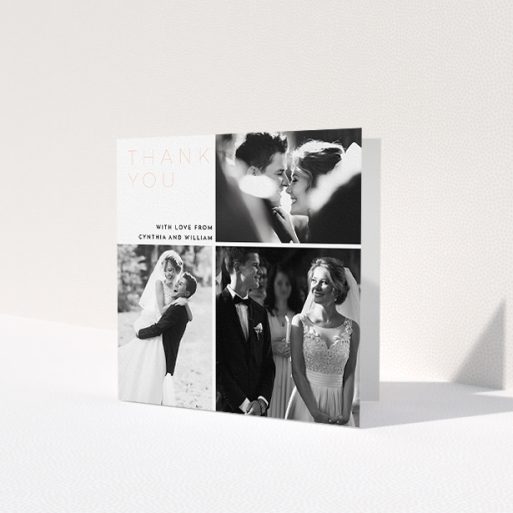 A wedding thank you card called 'Onto quarters'. It is a square (148mm x 148mm) card in a square orientation. It is a photographic wedding thank you card with room for 3 photos. 'Onto quarters' is available as a folded card, with mainly white colouring.