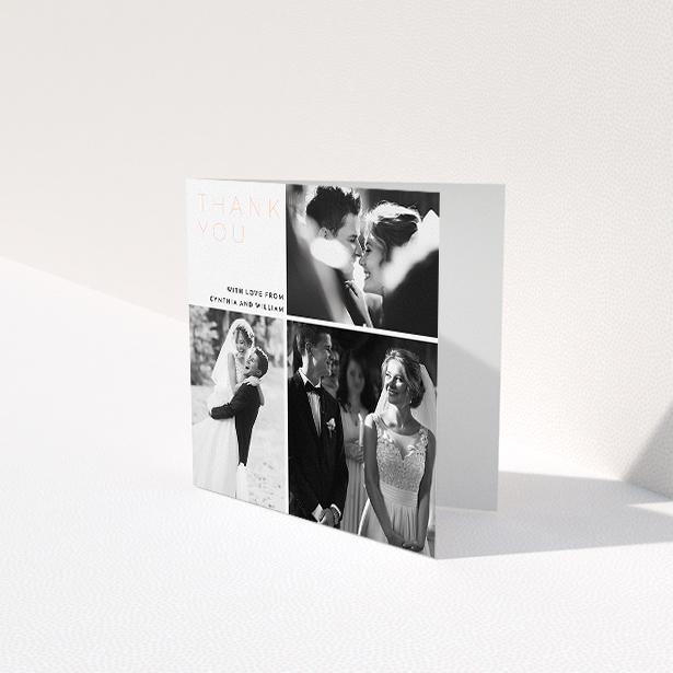 A wedding thank you card called "Onto quarters". It is a square (148mm x 148mm) card in a square orientation. It is a photographic wedding thank you card with room for 3 photos. "Onto quarters" is available as a folded card, with mainly white colouring.