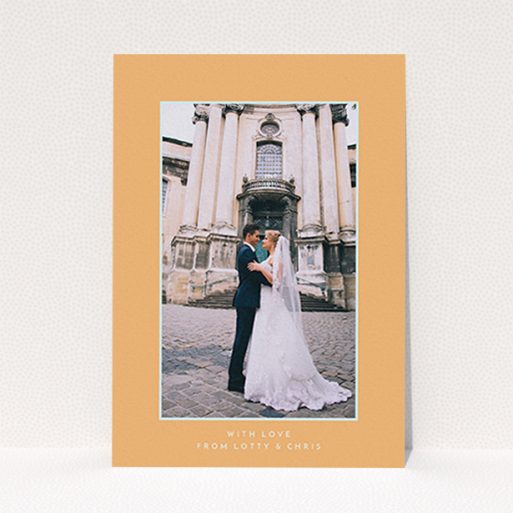 A wedding thank you card design called "Orange and blue". It is an A6 card in a portrait orientation. It is a photographic wedding thank you card with room for 1 photo. "Orange and blue" is available as a flat card, with tones of orange and blue.