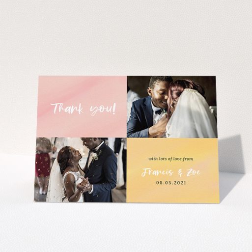 A wedding thank you card called "Pastel Watercolours". It is an A5 card in a landscape orientation. It is a photographic wedding thank you card with room for 2 photos. "Pastel Watercolours" is available as a folded card, with tones of pink and orange.