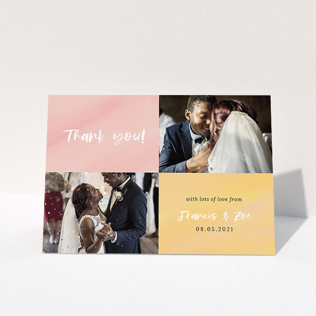 A wedding thank you card called "Pastel Watercolours". It is an A5 card in a landscape orientation. It is a photographic wedding thank you card with room for 2 photos. "Pastel Watercolours" is available as a folded card, with tones of pink and orange.