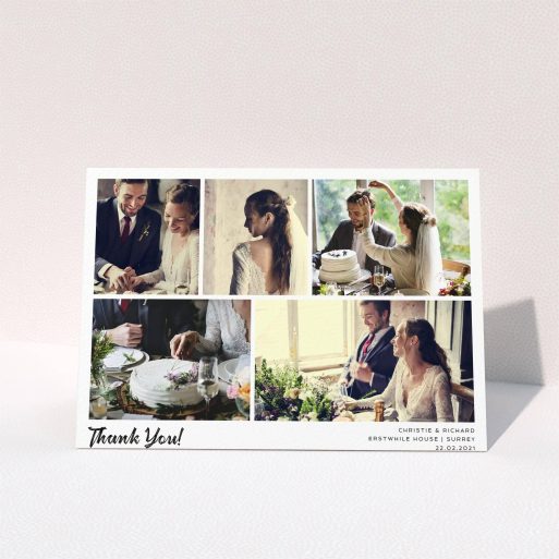 A wedding thank you card called "Photo Album Card". It is an A5 card in a landscape orientation. It is a photographic wedding thank you card with room for 5 photos. "Photo Album Card" is available as a folded card, with mainly white colouring.