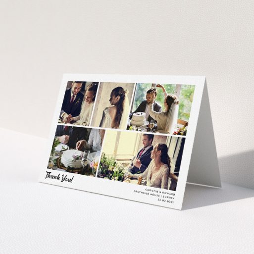 A wedding thank you card called 'Photo Album Card'. It is an A5 card in a landscape orientation. It is a photographic wedding thank you card with room for 5 photos. 'Photo Album Card' is available as a folded card, with mainly white colouring.