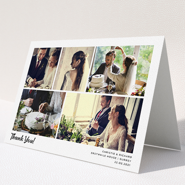 A wedding thank you card called "Photo Album Card". It is an A5 card in a landscape orientation. It is a photographic wedding thank you card with room for 5 photos. "Photo Album Card" is available as a folded card, with mainly white colouring.