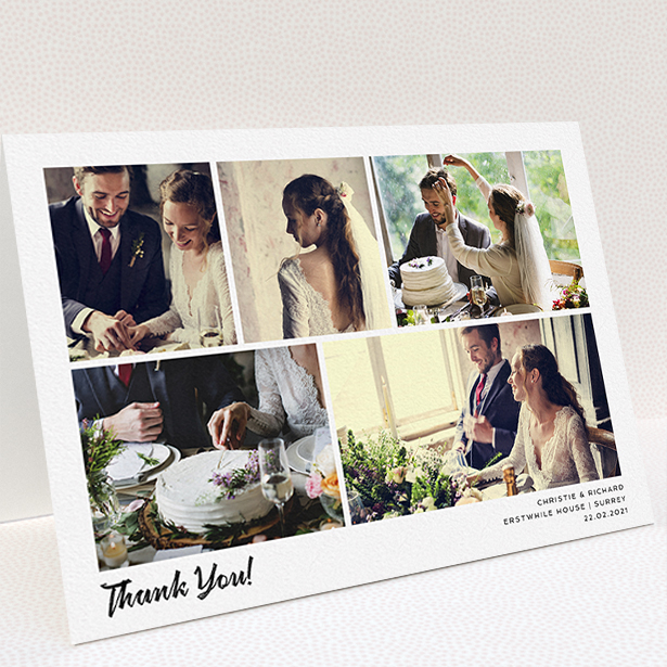 A wedding thank you card called "Photo Album Card". It is an A5 card in a landscape orientation. It is a photographic wedding thank you card with room for 5 photos. "Photo Album Card" is available as a folded card, with mainly white colouring.