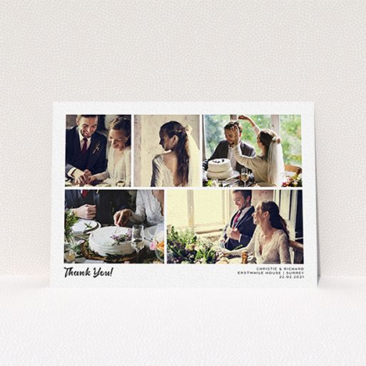 A wedding thank you card design called "Photo Album Card". It is an A6 card in a landscape orientation. It is a photographic wedding thank you card with room for 5 photos. "Photo Album Card" is available as a flat card, with mainly white colouring.