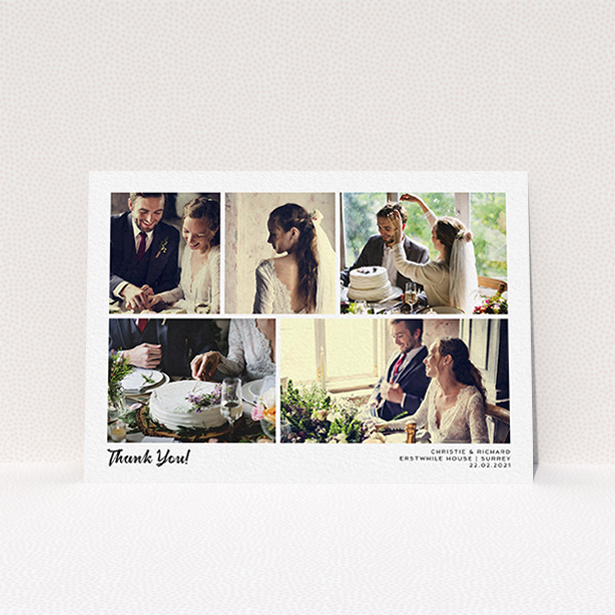 A wedding thank you card design called "Photo Album Card". It is an A6 card in a landscape orientation. It is a photographic wedding thank you card with room for 5 photos. "Photo Album Card" is available as a flat card, with mainly white colouring.