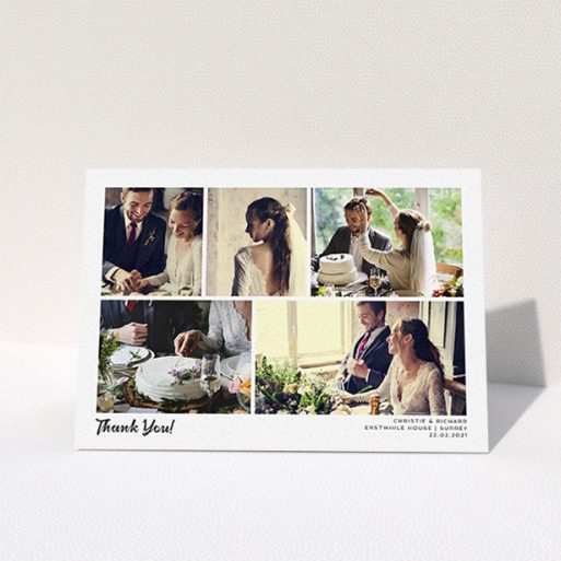 A wedding thank you card template titled "Photo Album Card". It is an A6 card in a landscape orientation. It is a photographic wedding thank you card with room for 5 photos. "Photo Album Card" is available as a folded card, with mainly white colouring.