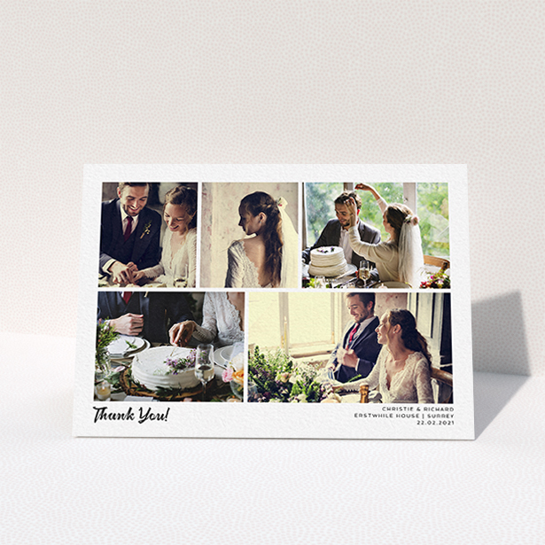 A wedding thank you card template titled "Photo Album Card". It is an A6 card in a landscape orientation. It is a photographic wedding thank you card with room for 5 photos. "Photo Album Card" is available as a folded card, with mainly white colouring.