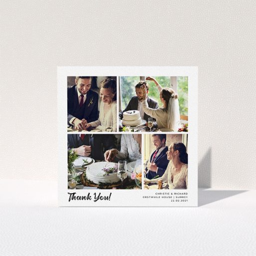 A wedding thank you card design called "Photo Album Card". It is a square (148mm x 148mm) card in a square orientation. It is a photographic wedding thank you card with room for 5 photos. "Photo Album Card" is available as a folded card, with mainly white colouring.