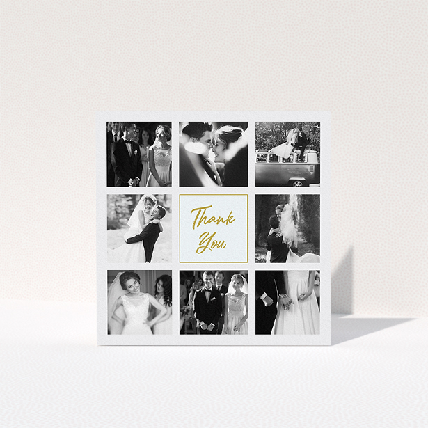 A wedding thank you card design named "Pieces of eight". It is a square (148mm x 148mm) card in a square orientation. It is a photographic wedding thank you card with room for 3 photos. "Pieces of eight" is available as a folded card, with tones of gold and light blue.