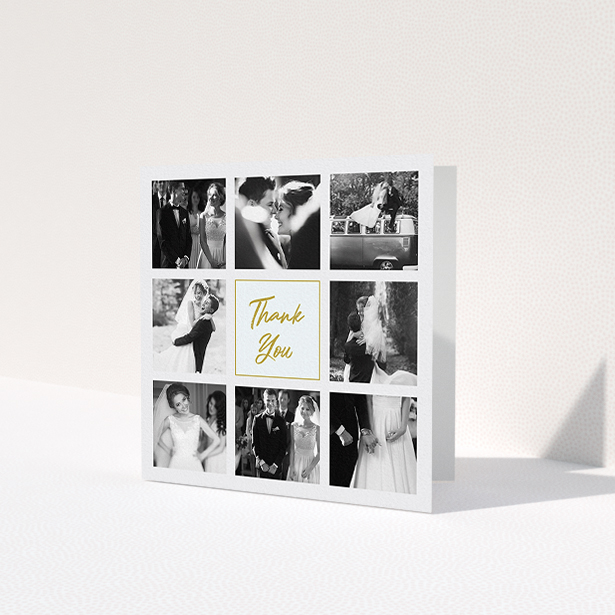 A wedding thank you card design named 'Pieces of eight'. It is a square (148mm x 148mm) card in a square orientation. It is a photographic wedding thank you card with room for 3 photos. 'Pieces of eight' is available as a folded card, with tones of gold and light blue.