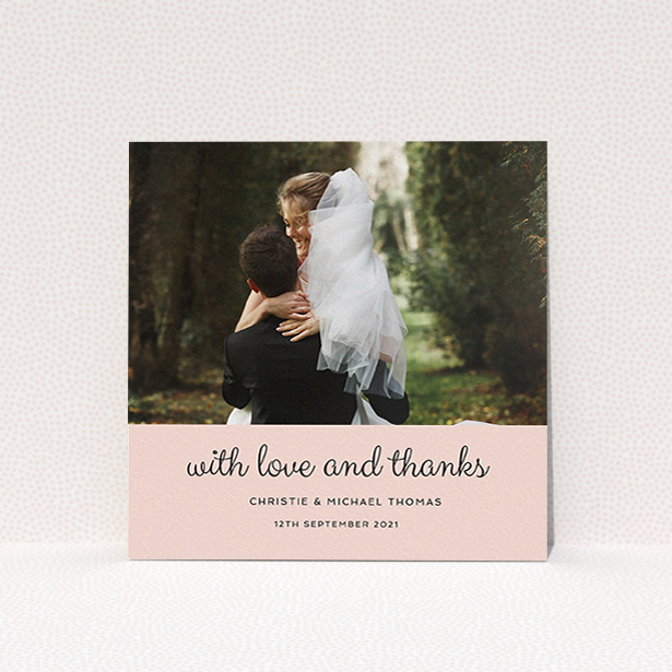 A wedding thank you card design titled "Pink Footer". It is a square (148mm x 148mm) card in a square orientation. It is a photographic wedding thank you card with room for 1 photo. "Pink Footer" is available as a flat card, with mainly pink colouring.